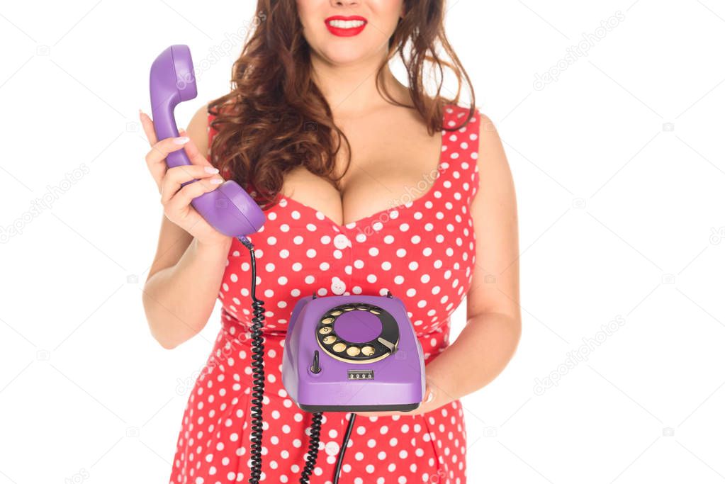 cropped shot of plus size woman with vintage rotary phone isolated on white