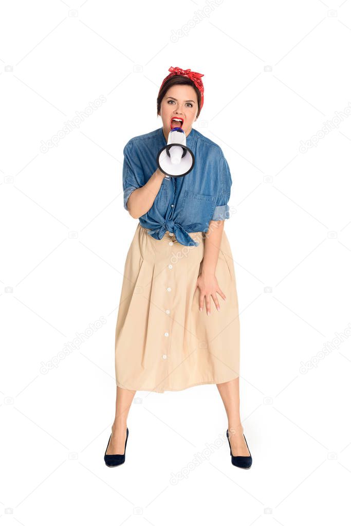 emotional size plus pin up model yelling in megaphone and looking at camera isolated on white