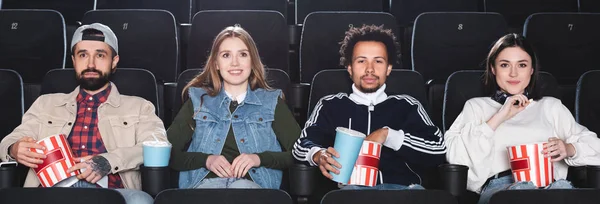 Panoramic Shot Multicultural Friends Smiling Watching Movie Cinema — Stock Photo, Image