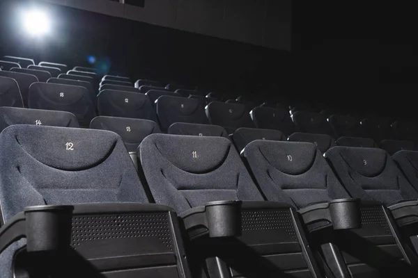 Cinema Hall Rows Grey Seats Darkness — Stock Photo, Image