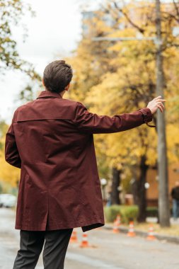Şehir caddesinde taksiye binen adamın arka görüntüsü