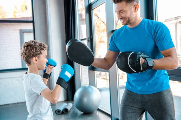 Happy Father Cute Son Boxing Gym — Stock Photo, Image