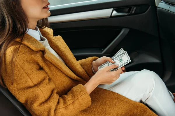 Cropped View Woman Passenger Holding Cash Taxi — Stock Photo, Image