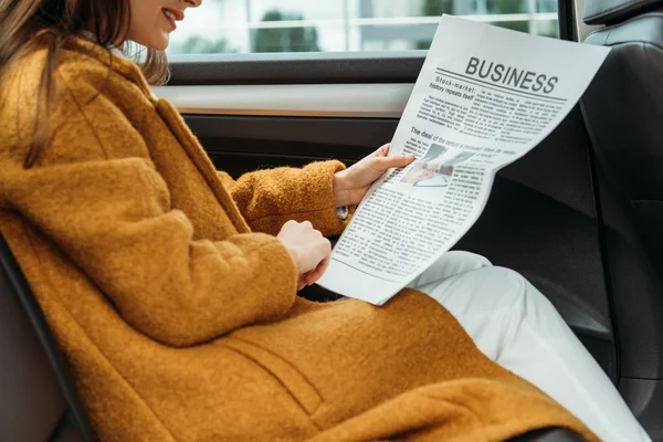 Cropped View Woman Reading Newspaper Back Seat Taxi — Stock Photo, Image