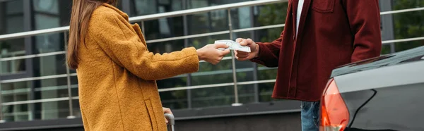 Cropped View Woman Taking Cash Taxi Driver Panoramic Shot — Stock Photo, Image