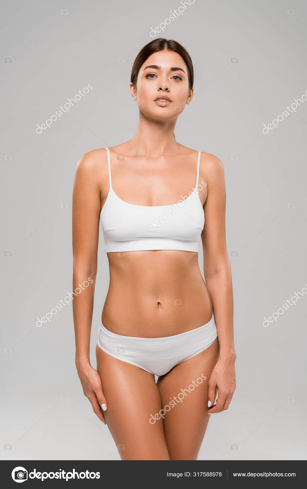 Beautiful Slim Woman Underwear Posing Isolated Grey Stock Photo by  ©IgorVetushko 317588978