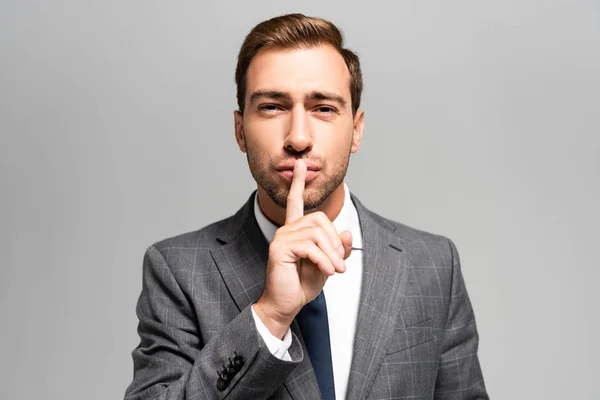 Handsome Businessman Suit Showing Shh Sign Isolated Grey — Stock Photo, Image