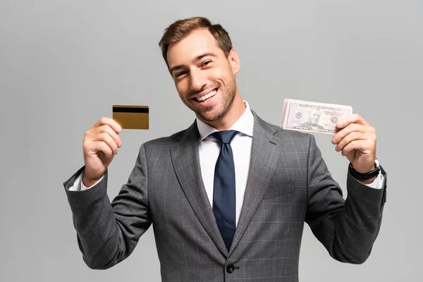 Handsome Smiling Businessman Suit Holding Credit Card Dollar Banknotes Isolated — Stock Photo, Image