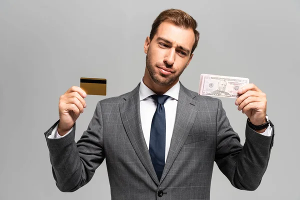 Handsome Sad Businessman Suit Holding Credit Card Dollar Banknotes Isolated — Stock Photo, Image