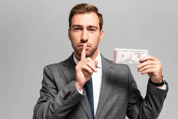 Handsome Businessman Suit Showing Shh Gesture Holding Dollar Banknotes Isolated — ストック写真