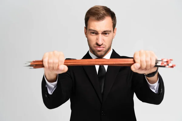 Angry Handsome Businessman Suit Breaking Arrows Isolated Grey — Stock Photo, Image