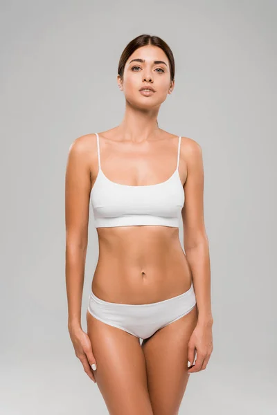 Beautiful Slim Woman Underwear Posing Isolated Grey — Stock Photo, Image