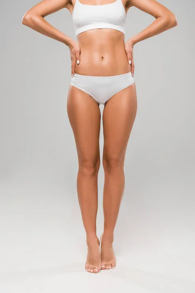 Cropped View Beautiful Slim Woman Underwear Posing Tiptoe Grey Background — Stock Photo, Image