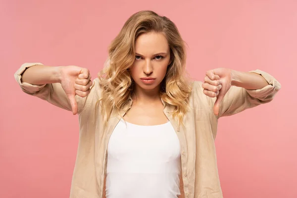 Sad Woman Showing Thumbs Gesture Isolated Pink — Stock Photo, Image