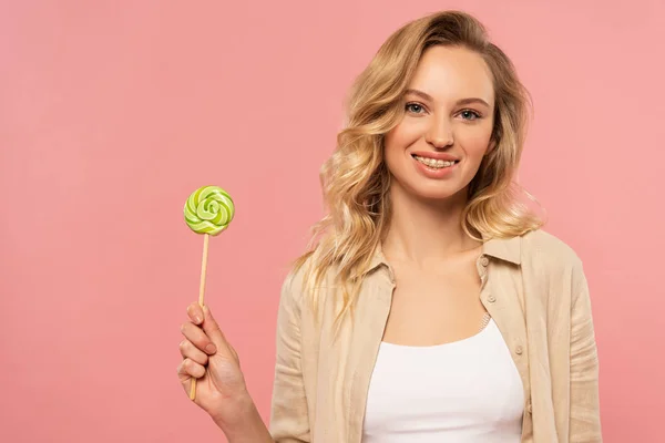 Smiling Woman Dental Braces Holding Lollipop Isolated Pink — Stock Photo, Image