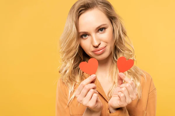 Smiling Blonde Woman Holding Paper Hearts Isolated Yellow — Stock Photo, Image