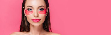 naked beautiful woman with eye patch on face isolated on pink, panoramic shot clipart