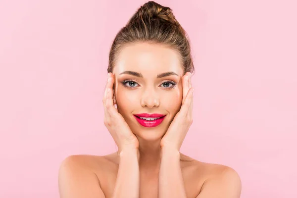 Naked Beautiful Woman Pink Lips Posing Hand Face Isolated Pink — Stock Photo, Image