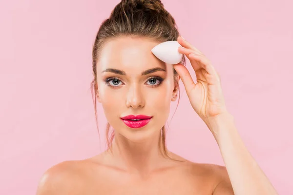 Naked Beautiful Woman Pink Lips Holding Makeup Sponge Isolated Pink — Stock Photo, Image