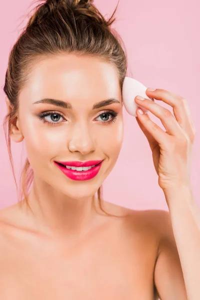 Smiling Naked Beautiful Woman Pink Lips Holding Makeup Sponge Isolated — Stock Photo, Image