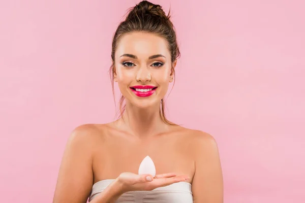 Smiling Beautiful Woman Pink Lips Holding Makeup Sponge Isolated Pink — Stock Photo, Image
