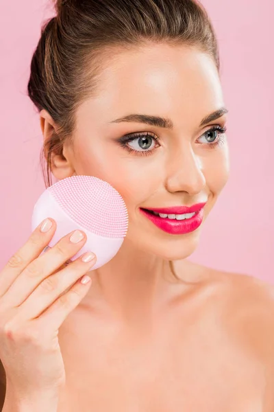 Smiling Naked Beautiful Woman Pink Lips Holding Facial Cleansing Brush — Stock Photo, Image