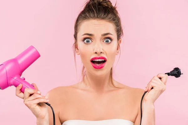 Shocked Beautiful Woman Pink Lips Holding Hairdryer Isolated Pink — Stock Photo, Image