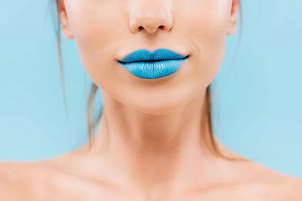 Cropped View Naked Beautiful Woman Blue Lips Isolated Blue — Stock Photo, Image