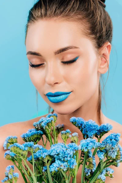 Beautiful Woman Closed Eyes Blue Wildflowers Isolated Blue — Stock Photo, Image