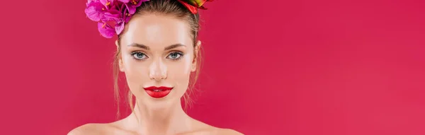 Naked Beautiful Woman Red Lips Floral Wreath Head Isolated Crimson — Stock Photo, Image