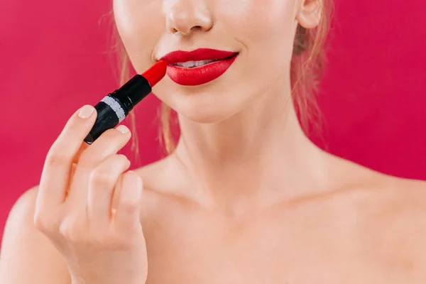 Cropped View Naked Beautiful Woman Red Lips Applying Lipstick Isolated — Stock Photo, Image