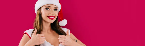 Leende Sexig Vacker Santa Flicka Visar Tummen Upp Isolerad Vinrött — Stockfoto