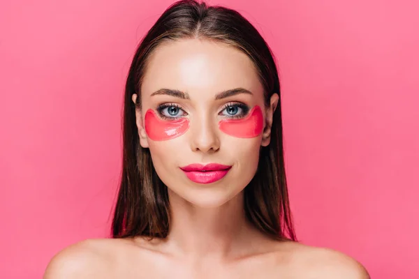 Гола Красива Жінка Плямою Очей Обличчі Ізольована Рожевому — стокове фото
