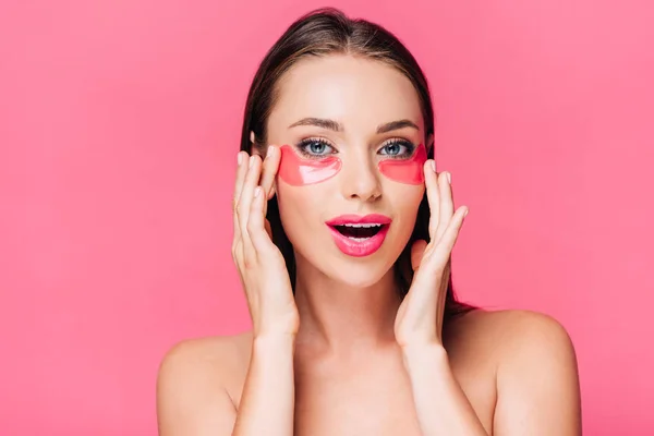 Excited Naked Beautiful Woman Touching Eye Patch Face Isolated Pink — Stock Photo, Image