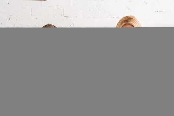 Smiling Couple Having Breakfast Man Reading Newspaper Bed — Stock Photo, Image