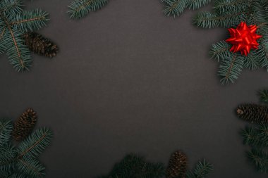 Spruce dalları, çam kozalakları ve siyah üzerine kırmızı fiyonk olan noel çerçevesinin üst görüntüsü