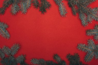 Kırmızı üzerinde ladin dalları olan noel çerçevesinin üst görünümü