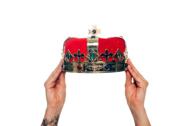 cropped view of woman holding red crown, isolated on white clipart
