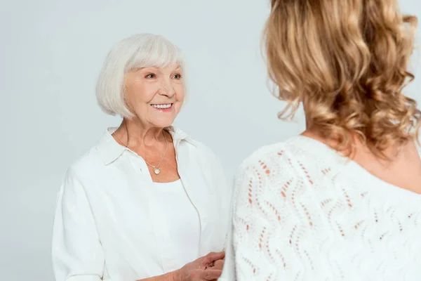 Back View Daughter Looking Smiling Mother Isolated Grey — Stock Photo, Image