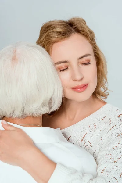 Back View Mother Hugging Smiling Daughter Isolated Grey — Stock Photo, Image