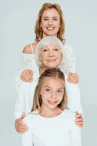 Smiling Mother Grandmother Granddaughter Hugging Isolated Grey — Stock Photo, Image
