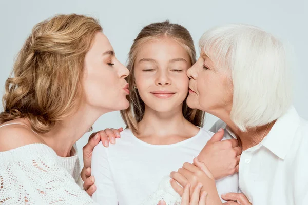 Mother Grandmother Kissing Smiling Granddaughter Isolated Grey — Stock Photo, Image