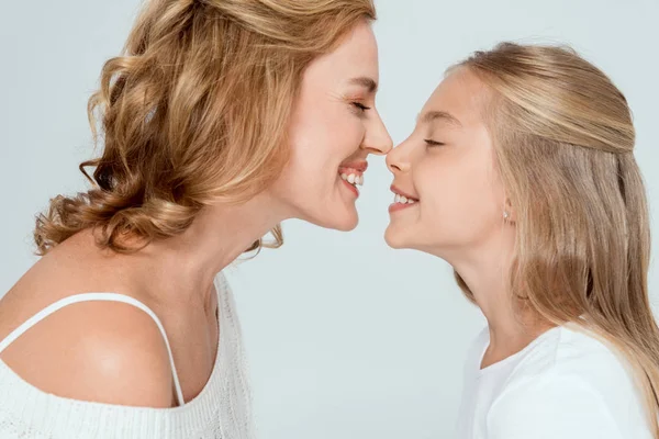 Side View Attractive Mother Touching Nose Smiling Daughter Isolated Grey — Stock Photo, Image