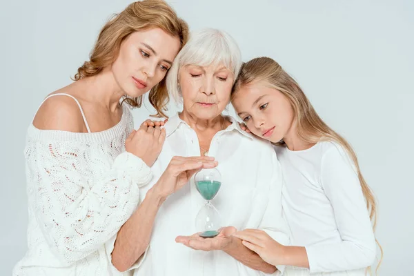 Granddaughter Mother Hugging Grandmother Hourglass Isolated Grey — Stock Photo, Image