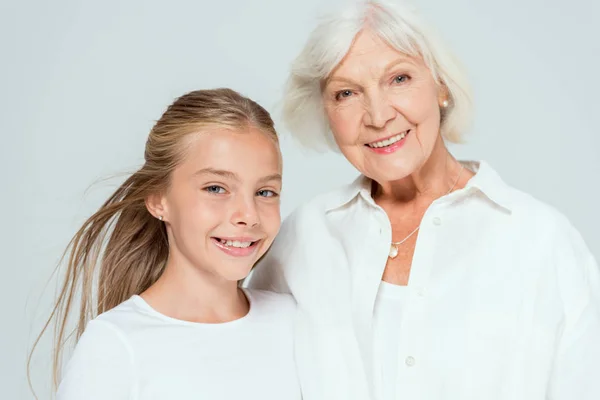 Smiling Granddaughter Grandmother Looking Camera Isolated Grey — Stock Photo, Image