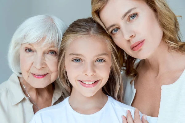Mother Grandmother Smiling Granddaughter Looking Camera Isolated Grey — Stock Photo, Image
