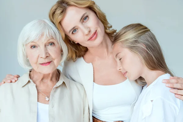 Granddaughter Closed Eyes Smiling Mother Grandmother Hugging Isolated Grey — Stock Photo, Image