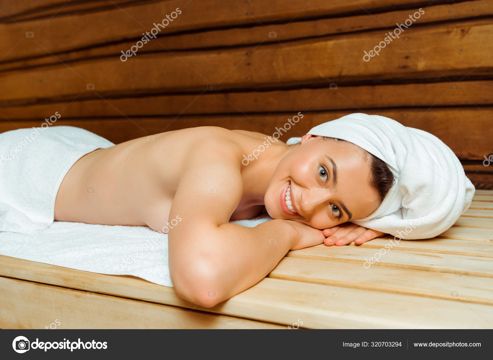 Smiling Woman Towels Holding Birch Broom Washtub Sauna Stock Photo