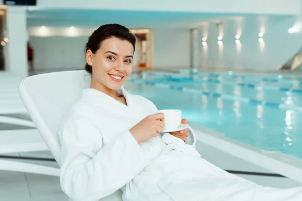 Attractive Smiling Woman White Bathrobe Holding Cup Coffee Spa — Stock Photo, Image