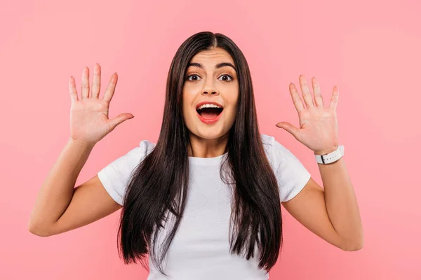 Excited Pretty Brunette Girl Showing Hands Open Mouth Isolated Pink — Stock Photo, Image